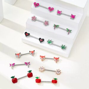 Stainless Steel Enamel - Dripping Apple and Fox Nipple Rings, Straight - Shaft Piercing Nipple Studs, Maple Leaf