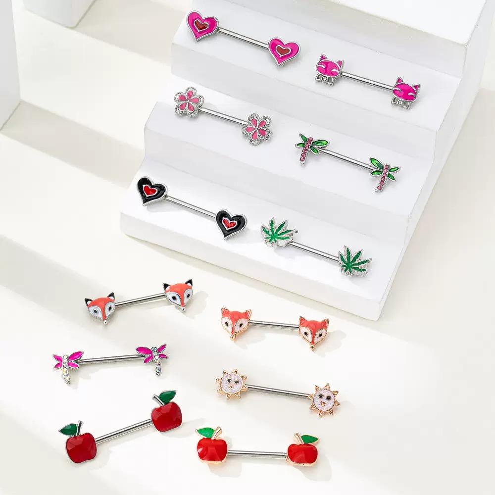 Stainless Steel Enamel - Dripping Apple and Fox Nipple Rings, Straight - Shaft Piercing Nipple Studs, Maple Leaf