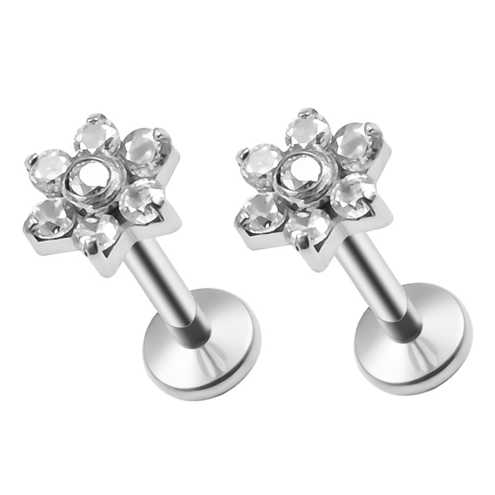 F136 Titanium Piercing Jewelry with Cubic Zirconia. Suitable for cartilage piercings, lip piercings, and designed in a flower shape. Body piercing jewelry.