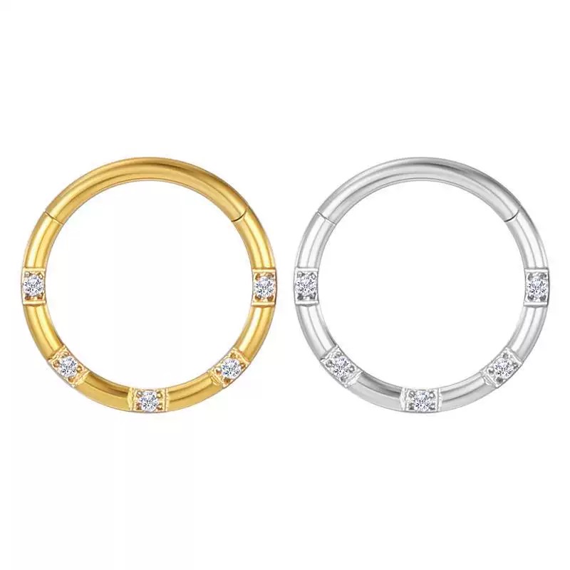 316L stainless steel nose ring with 5 white zirconium stones inlaid on the side, closed ring, combined ring. Titanium steel nose stud, a piercing accessory.