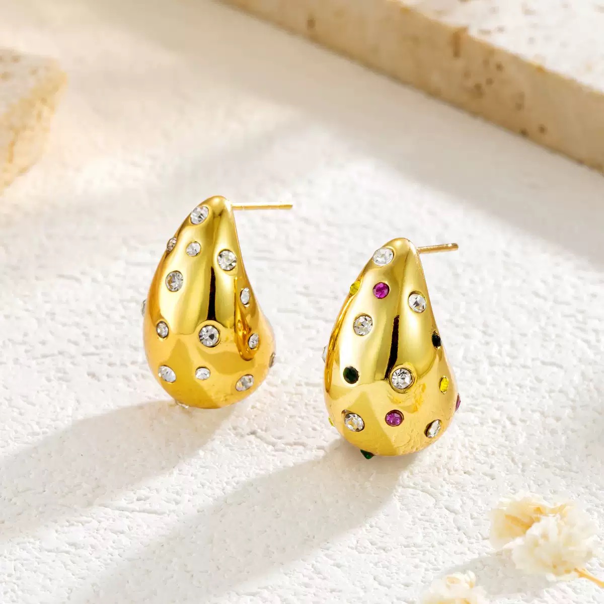 Stainless steel drop - shaped gold - toned earrings inlaid with colorful gemstones