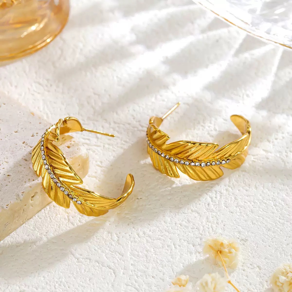 Popular Titanium Steel Feather - shaped Earrings Inlaid with Diamonds