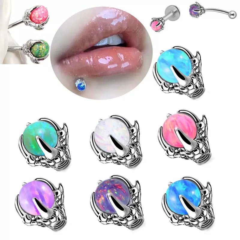 G23 titanium alloy dragon - claw - style opal lip stud accessories, round bead internally - threaded ear studs, eyebrow studs replacement rods, body piercing jewelry.