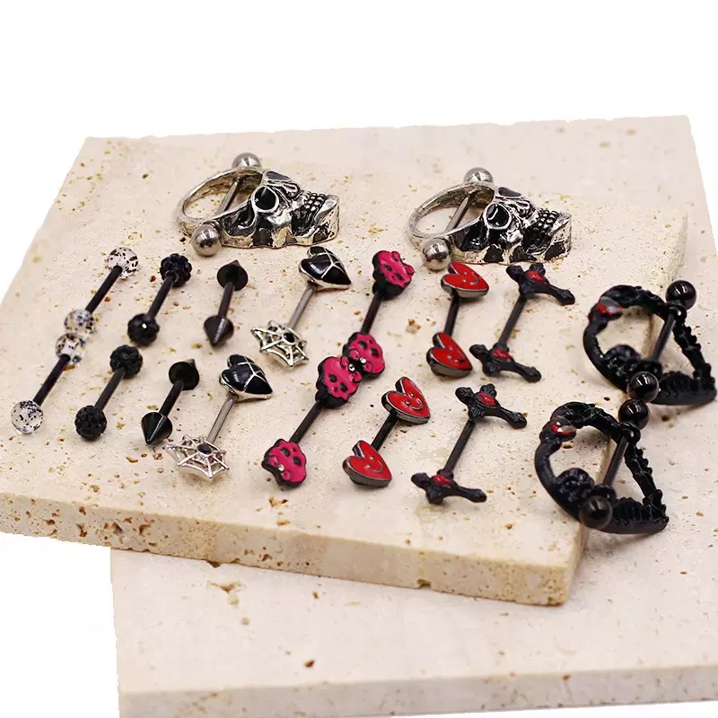 Black series nipple rings, hip-hop punk skull nipple rings, cross set, piercing accessories