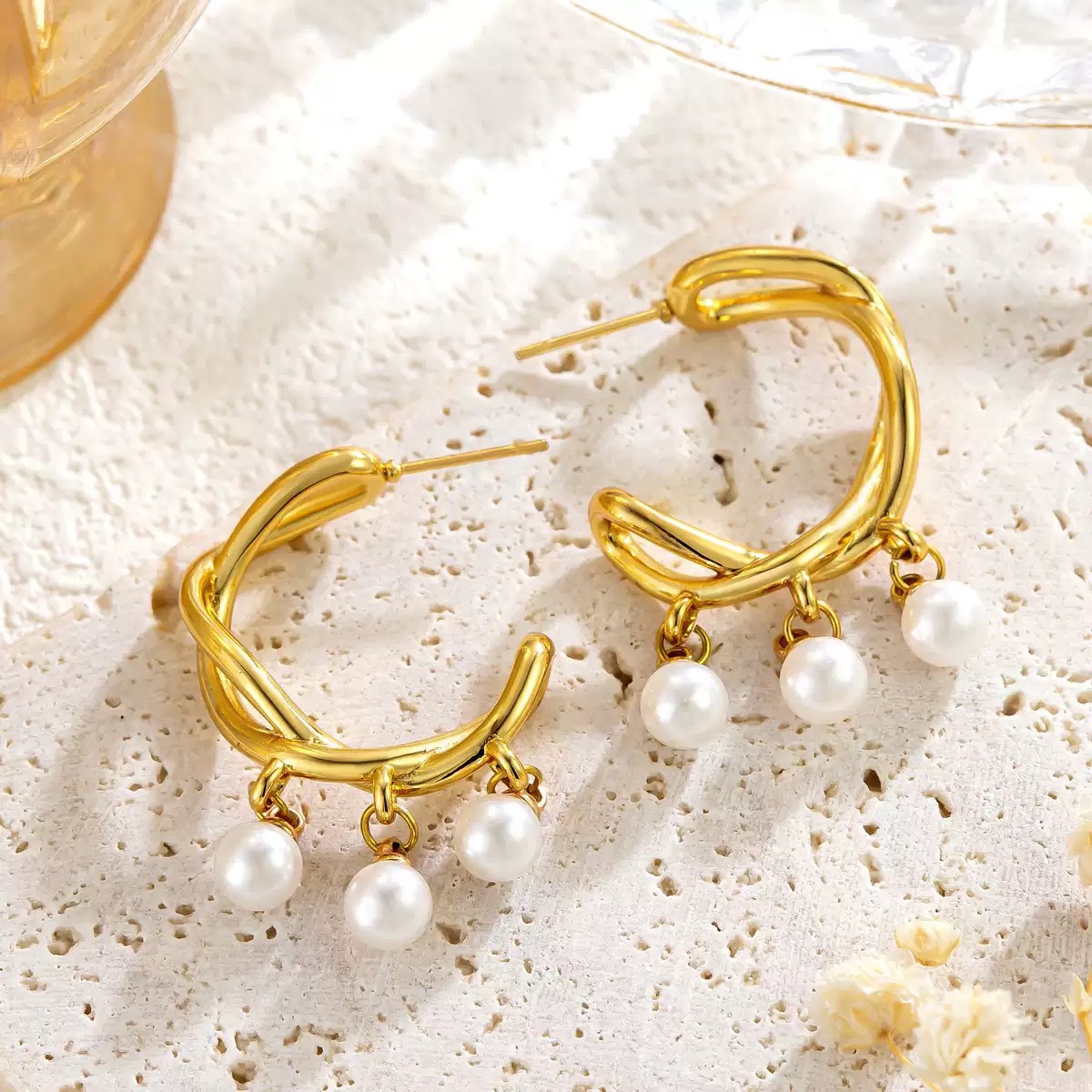 luxury Retro style Stainless Steel Earrings with Intertwined Pearl Drop shaped Studs