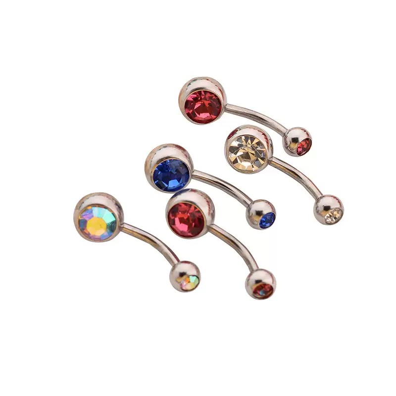 G23 titanium alloy double-headed body piercing jewelry with all-round diamond encrustation in colorful colors. It is a curved rod navel ring.