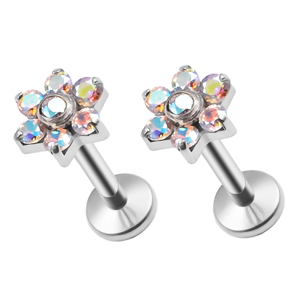 F136 Titanium Piercing Jewelry with Cubic Zirconia. Suitable for cartilage piercings, lip piercings, and designed in a flower shape. Body piercing jewelry.