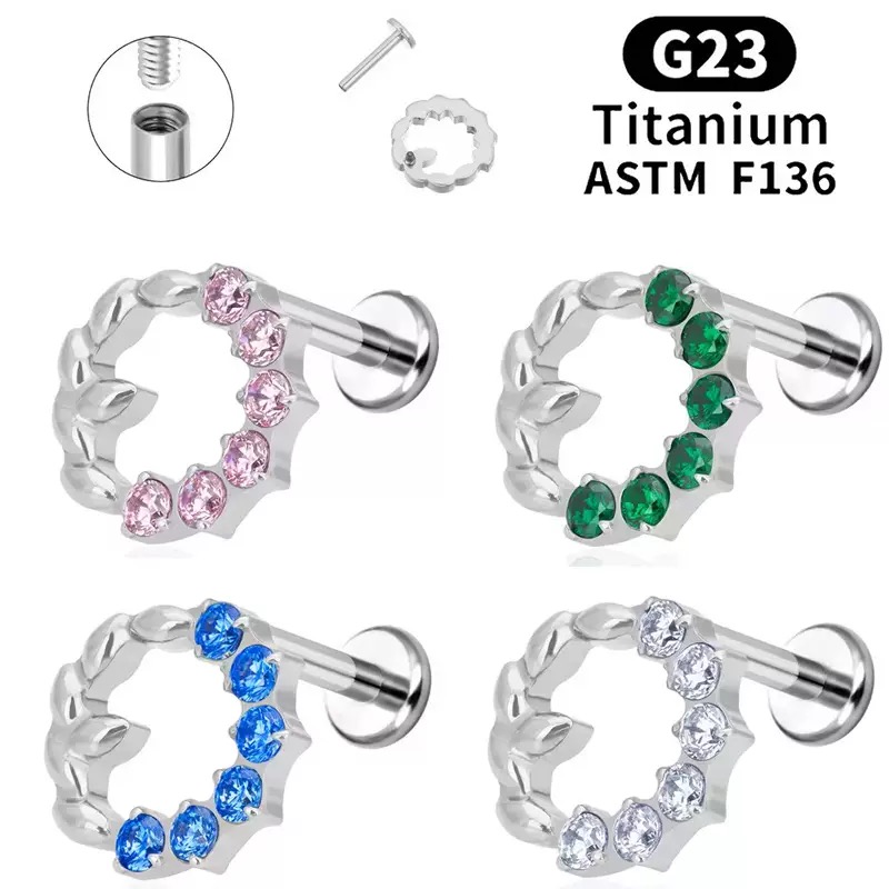 G23 titanium conforming to ASTM F136 standard, simple flat - bottomed internally - threaded lip studs, helix ear studs, ear studs. European and American style fashionable flower - shaped jewelry inlaid with cubic zirconias for body piercing.