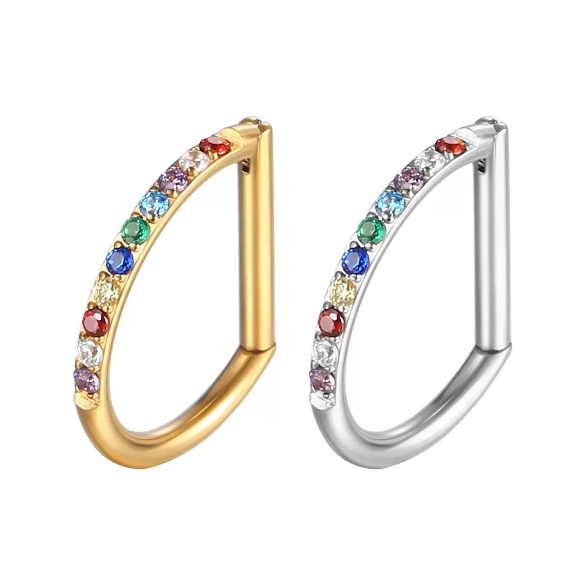 316L stainless steel D-shaped nose ring inlaid with colorful cubic zirconia. It has a trendy European and American style for body piercing, and it's a stone-inlaid nose ring for nasal piercings.