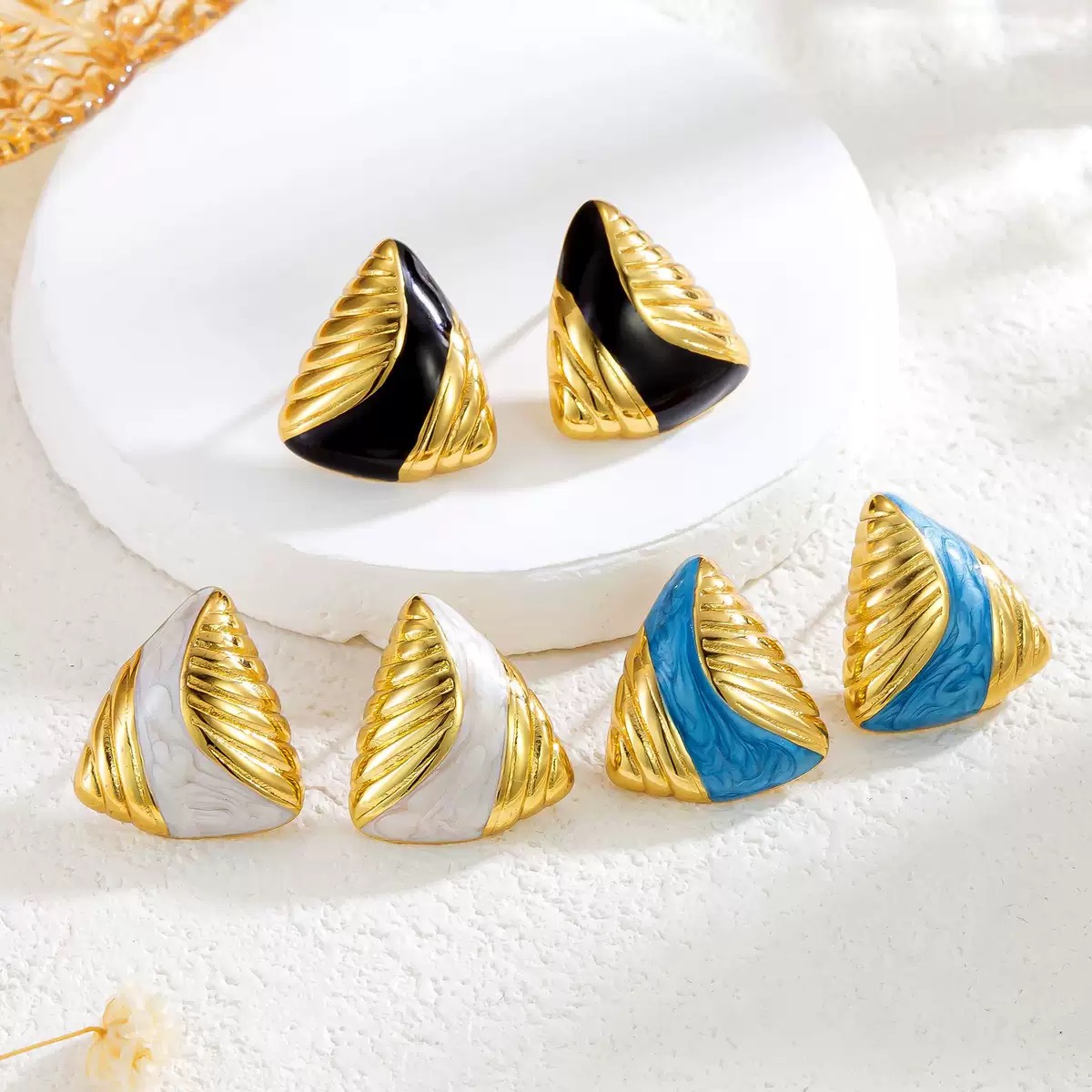 Custom Vintage style Epoxy coated Triangular Striped Stud Earrings