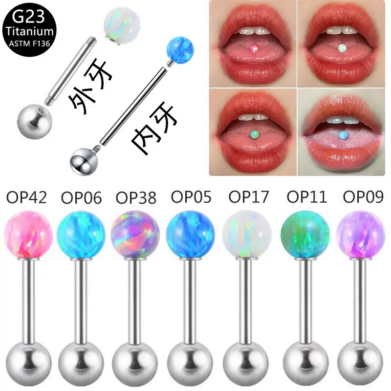 Implant-Grade G23 Titanium Tongue Piercing – Opal Ball Internally Threaded Barbell Jewelry
